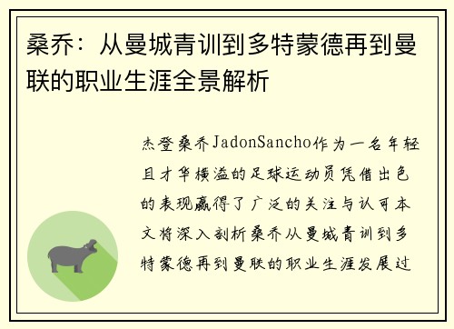 桑乔：从曼城青训到多特蒙德再到曼联的职业生涯全景解析
